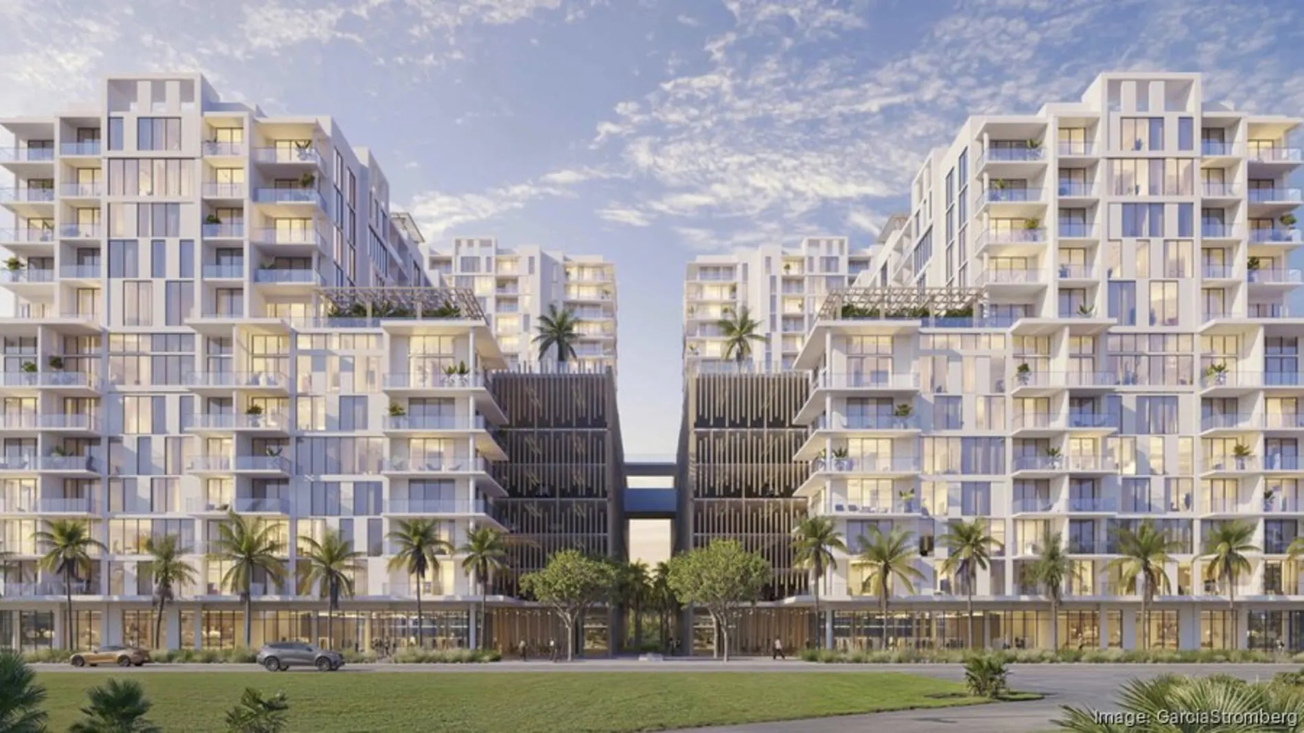Architectural rendering of SobelCo’s proposed luxury condo towers at 1117 Broadway in Riviera Beach,